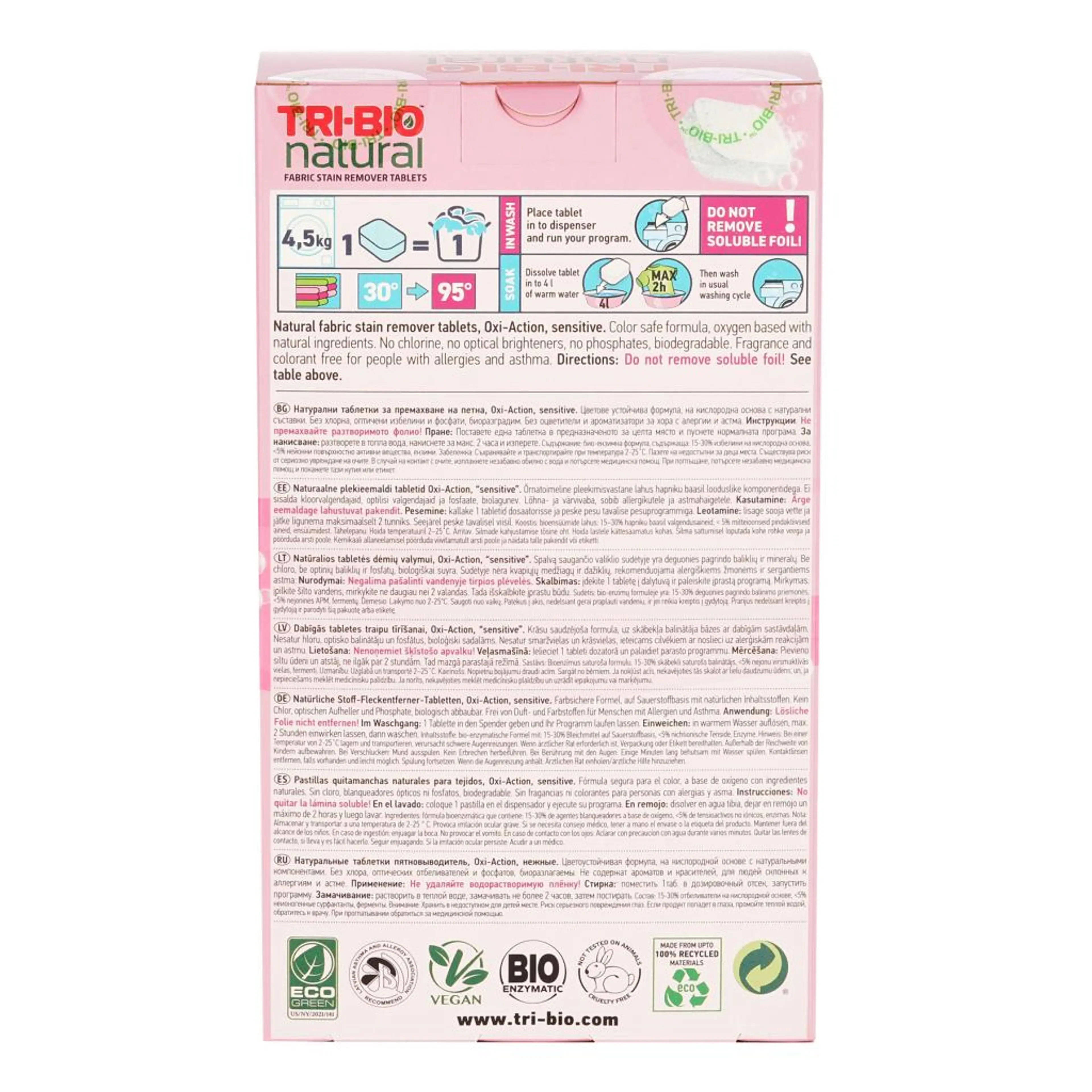 Натурални еко таблетки за пералня, за премахване на петна от цветно пране, 18 таблетки